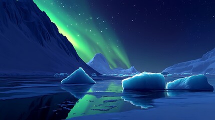 Celestial Symphony: Breathtaking display of the aurora borealis illuminates the night sky above a tranquil icy landscape, painting a serene and awe-inspiring scene.