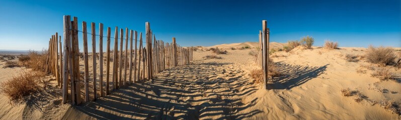 Weathered wooden fence stretches across a rippled sand dune under a clear blue sky, creating a stark contrast in a desert environment