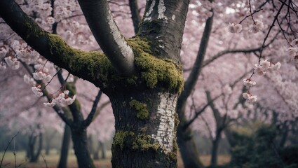 Fototapeta premium A close-up of a tree trunk with moss, surrounded by cherry blossoms in full bloom.