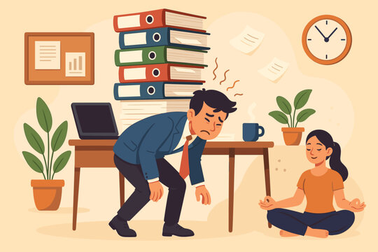 Stressed Office Worker with Overloaded Desk and Calm Woman Meditating for Stress Relief, Work Life Balance, Mental Health, Productivity, Wellness, Burnout Prevention, Workplace Illustration