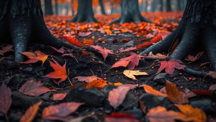 Autumn forest floor with fallen red and orange leaves and tree roots visible.