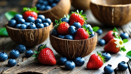 Fresh strawberries and blueberries in wooden bowls with some scattered on a rustic surface. Fresh fruit and healthy eating. Nature and food.