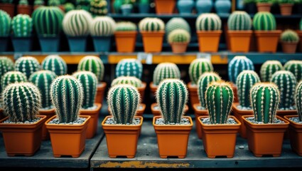 Multiple cactus plants in small pots arranged in rows, showcasing a variety of striped green and white patterns.