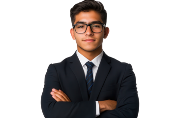 Business man portrait with confident expression against a plain white background showcasing professional attire and an inviting demeanor for corporate presentations or marketing material