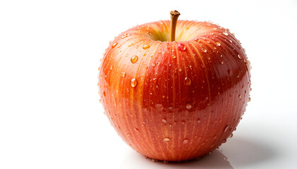 A fresh, ripe red apple glistens with water droplets against a clean white backdrop, highlighting its natural vibrancy and appeal.
