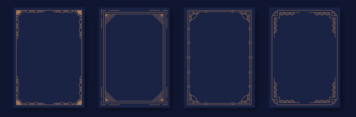 Art deco frames. Modern luxury borders minimal line style, elegant gold geometric decoration labels, gala party blank poster and wedding invitation card design. Vector contemporary set