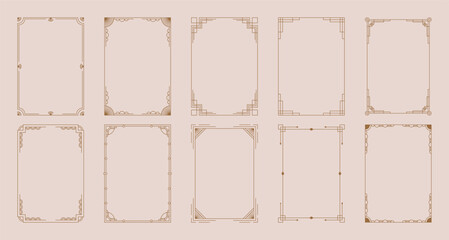 Art deco frames. Elegant line ornament borders, luxury gold decorative labels for wedding invitation card, simple thin modern geometric antique vintage frame elements. Vector set