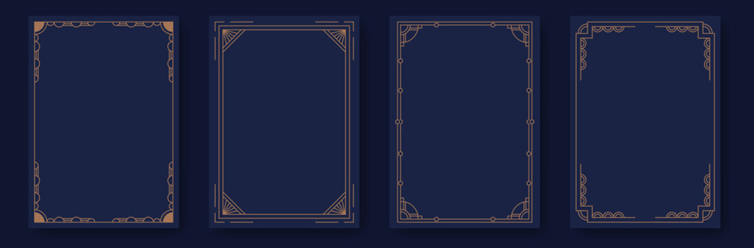 Art deco frames. Modern luxury borders minimal line style, elegant gold geometric decoration labels, gala party blank poster and wedding invitation card design. Vector contemporary set