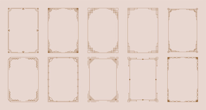 Art deco frames. Elegant line ornament borders, luxury gold decorative labels for wedding invitation card, simple thin modern geometric antique vintage frame elements. Vector set