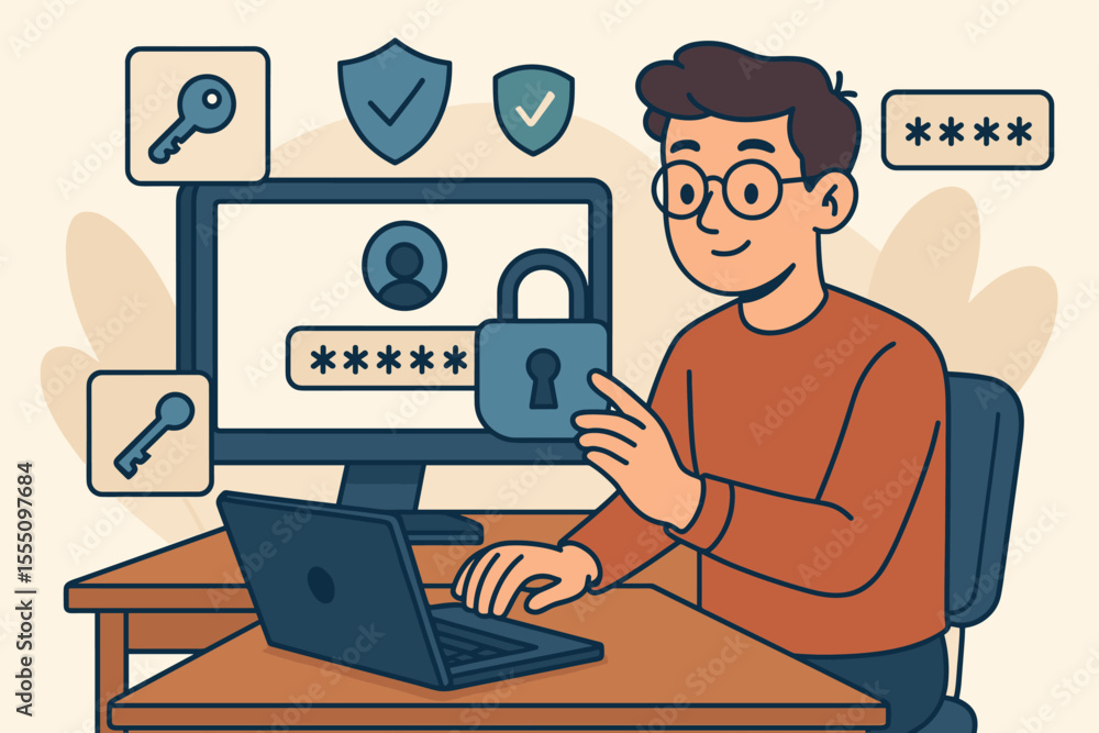 Poster cybersecurity login protection concept. cartoon man using computer with password, lock, keys, shield