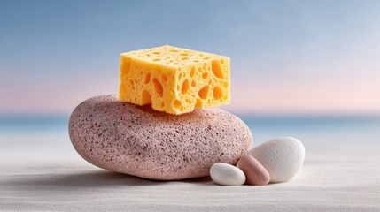 Yellow And Pink Natural Exfoliating Sponges on Rocks at the Beach