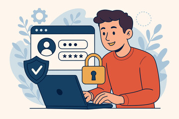 Secure user authentication concept. Online account protection, strong password login, cybersecurity measures, privacy shield, data encryption, access control, internet safety vector illustration