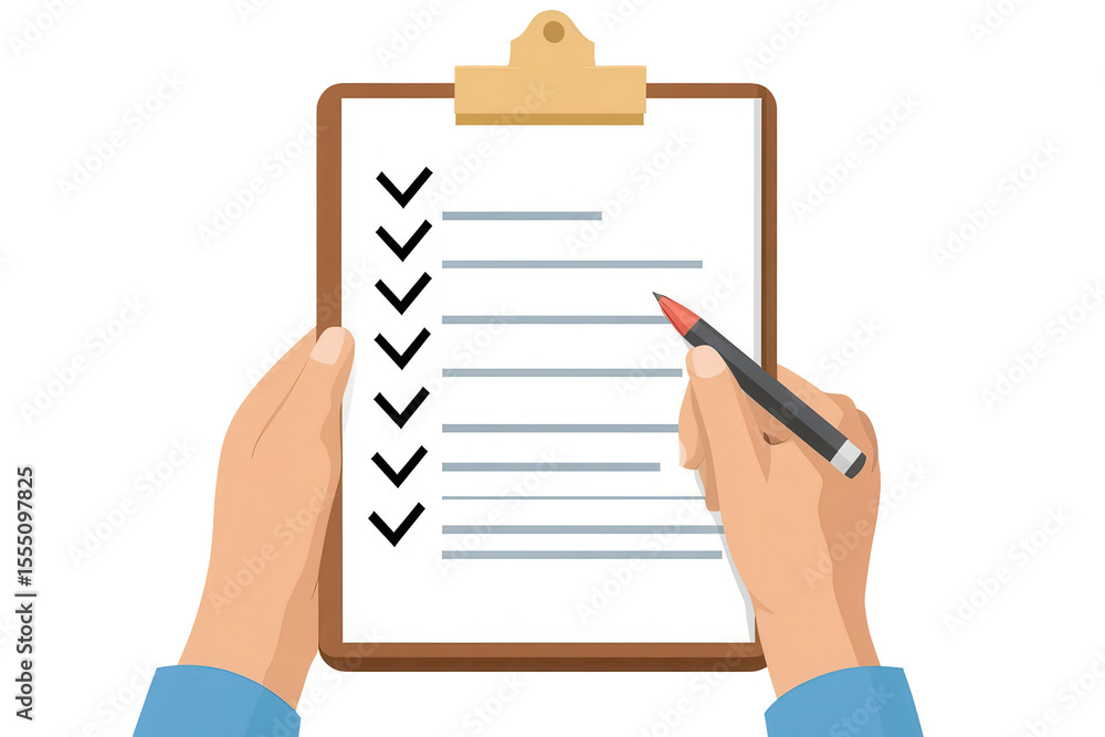 Poster checklist form held in hands with checkmarks indicating completed tasks during an organizational mee