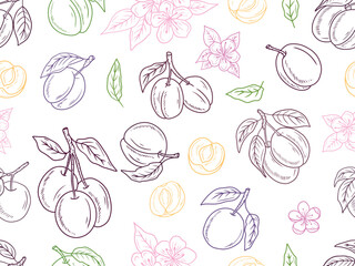 Seamless pattern with realistic plum berry blossom on branch in black on white background. Hand drawn vector sketch illustration in doodle engraved vintage line art style. Apricot fruit, vitamin