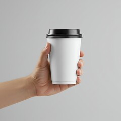 Hand holding a white coffee cup with a black lid, perfect for coffee to go.
