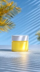 Yellow Cosmetic Cream Jar on Beach Setting