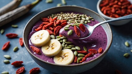 A bowl of purple smoothie or acai bowl topped with banana slices, pumpkin seeds, and goji berries, with a spoon scooping up some of the mixture.