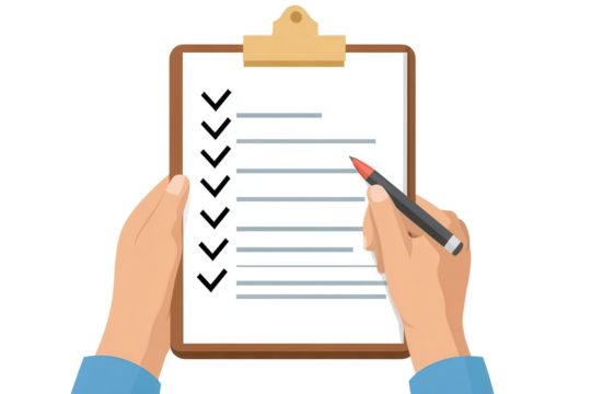 Checklist form held in hands with checkmarks indicating completed tasks during an organizational meeting - Powered by Adobe
