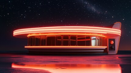 Retro Diner Under the Stars: A sleek, retro diner glows under a starry night sky, radiating warmth and nostalgia with neon lights and a futuristic design.