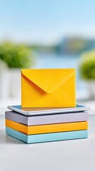 Yellow Envelope on Stack of Colorful Notepads on Desk