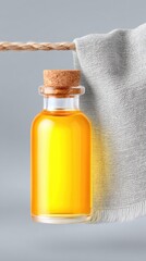 Yellow Hair Oil in Glass Bottle Hanging on Gray Cloth