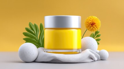 Yellow Moisturizer Jar with Flower and Abstract Elements