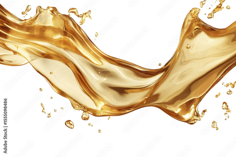 Poster golden liquid stream flowing gracefully and gleaming on a transparent background, showcasing movemen