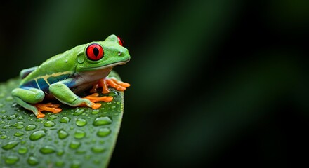 Naklejka premium Vibrant Red-Eyed Tree Frog on Dew-Covered Leaf