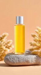Yellow Shampoo Bottle on Textured Stone with Dried Flowers