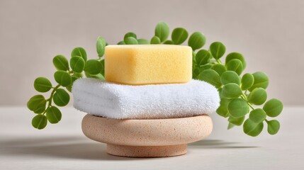 Yellow Soap and White Towel on Speckled Pedestal with Green Leaves