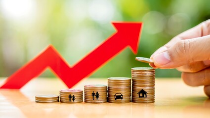A hand places a coin on a stack of coins representing financial growth and investment in family car and home with a red upward trending arrow in the background