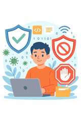 Cybersecurity vector illustration of a man on a laptop with antivirus and ad blocking software. Concept of internet safety, firewall, data protection, and stopping computer viruses.
