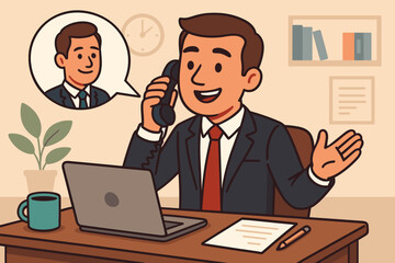 Businessman communicating effectively on the phone with a colleague. Vector cartoon illustration symbolizing workplace communication skills, customer service, and professional dialogue.