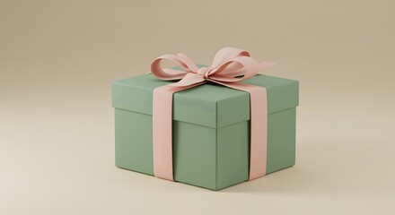 Fototapeta premium Elegant Sage Green Gift Box with Pale Pink Ribbon Perfect Present Packaging