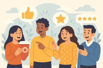 Word of Mouth Marketing Strategy Vector. Diverse People Sharing Positive Product and Service Reviews, Giving Thumbs Up, Star Ratings, Social Media Feedback. Customer Experience Concept Illustration