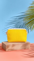 Yellow Textured Pouch Mockup on Wooden Platform with Palm Leaf Shadow