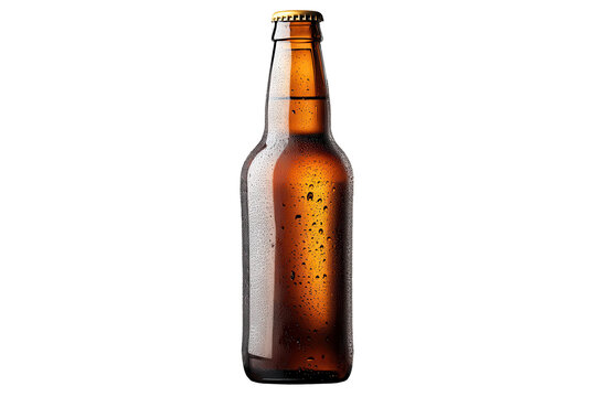 Chilled brown beer bottle with condensation on a clear background, perfect for a refreshing beverage during warm days