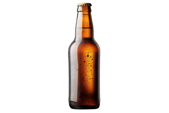 Chilled brown beer bottle with condensation on a clear background, perfect for a refreshing beverage during warm days