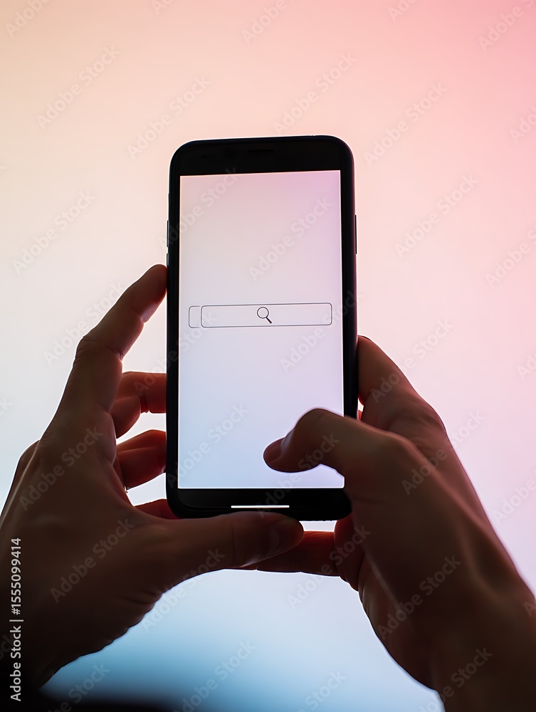 Poster close up of hands holding a smartphone with a blank search bar and magnifying glass icon on a softly
