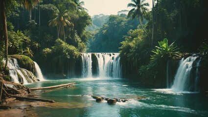 Naklejka premium A lush jungle landscape with waterfalls flowing into a serene river. Nature and ecosystem, concept. Rainforest and freshwater. The idea of natural beauty and conservation.