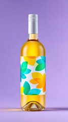 Yellow Wine Bottle with Colorful Floral Label on Purple Background