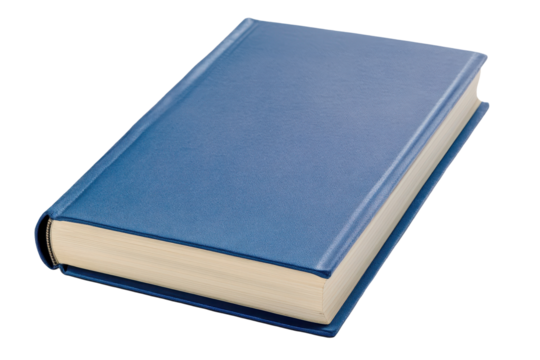Classic blue hardcover book resting on a transparent background for design or educational purposes