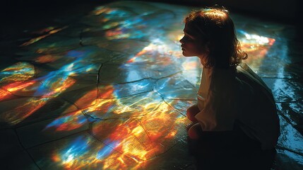 Young Girl Observing Colorful Light Projections on Floor