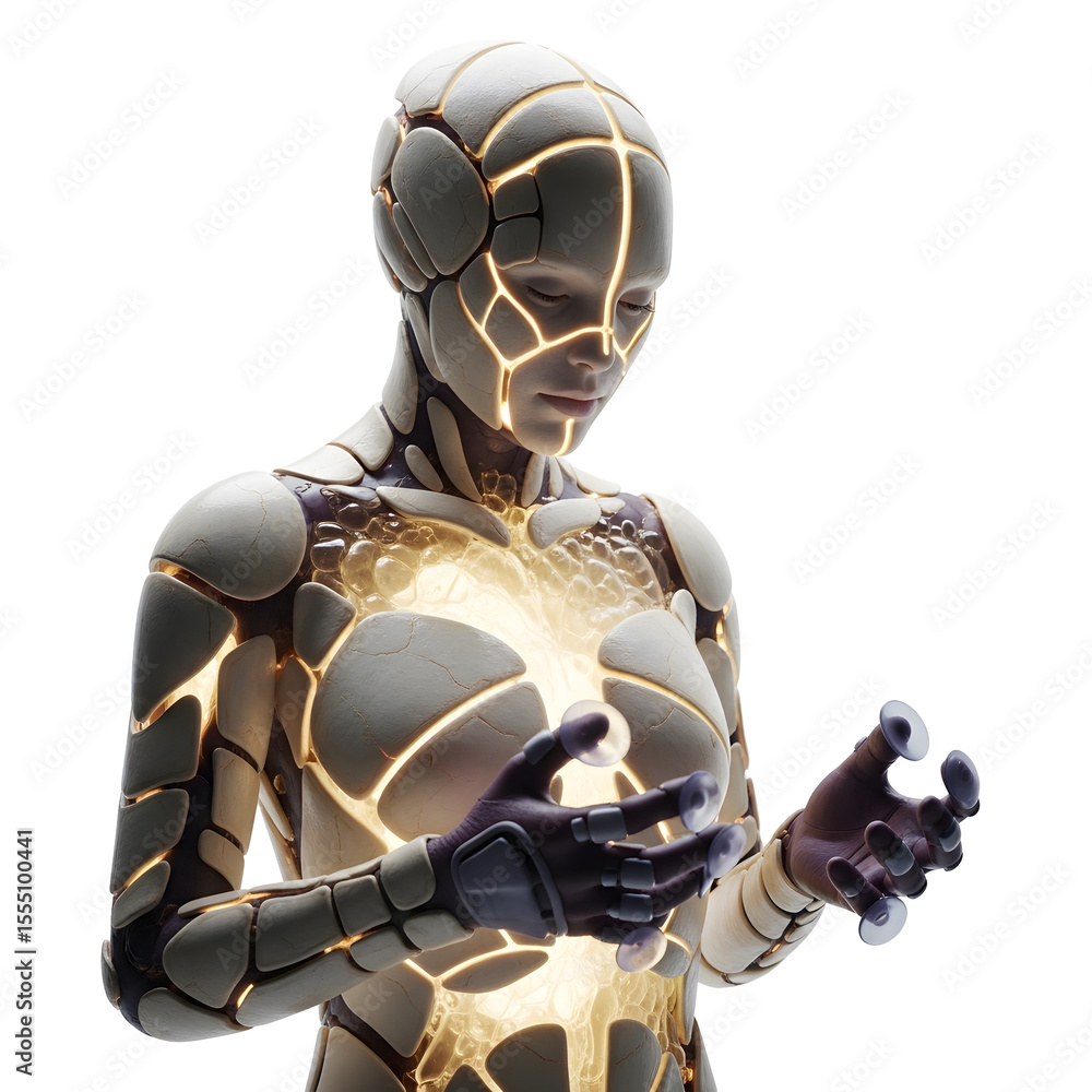 Poster futuristic female figure with cracked exoskeleton glowing core and palms-up gesture against black ba