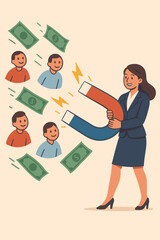 Businesswoman Attracting Customers and Money with Giant Magnet. Lead Generation, Customer Acquisition, Marketing Strategy, Sales Growth, Client Attraction, Vector Illustration, Business Concept