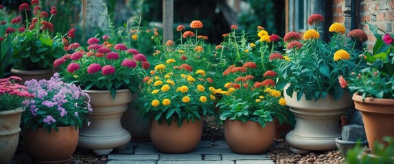 Colorful potted flowers in a garden with lush greenery and brick elements. Bright flowers and healthy plants. Garden decoration and floral display in a home or outdoor setting.