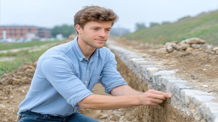 Young Man Examining Stone Wall During Archaeological Excavation