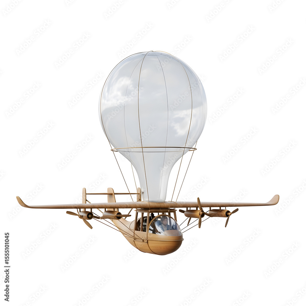 Poster a fantastical flying machine design with a transparent balloon-like upper structure and propeller-dr