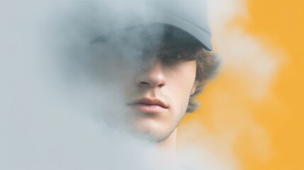 Young Man Partially Obscured by Smoke and Fog Against Yellow Background
