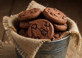 A rustic bucket filled with delicious chocolate chip cookies on burlap cloth background scene
